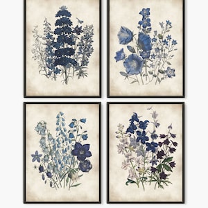 Blue Purple Botanical Print set , Blue Flower painting set of 4 prints, wildflower art , vintage Botanical Art Prints, Kitchen Dining room