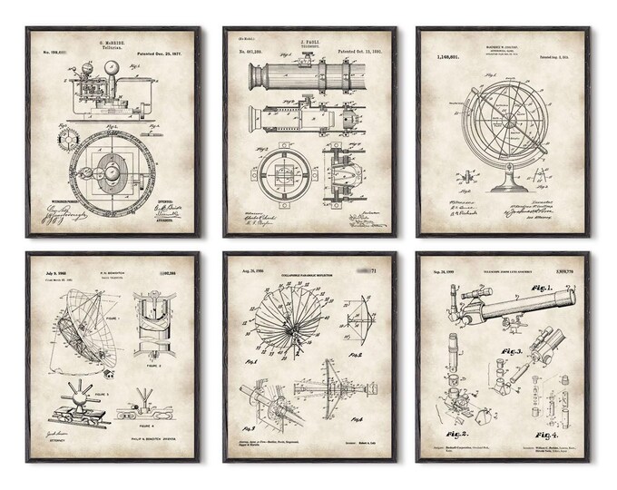 Astronomy print, Set of 6 prints, Astronomy poster, Telescope Wall art, Astronomy art, Astronomy wall art, Gift Idea, Telescope Patent #P300
