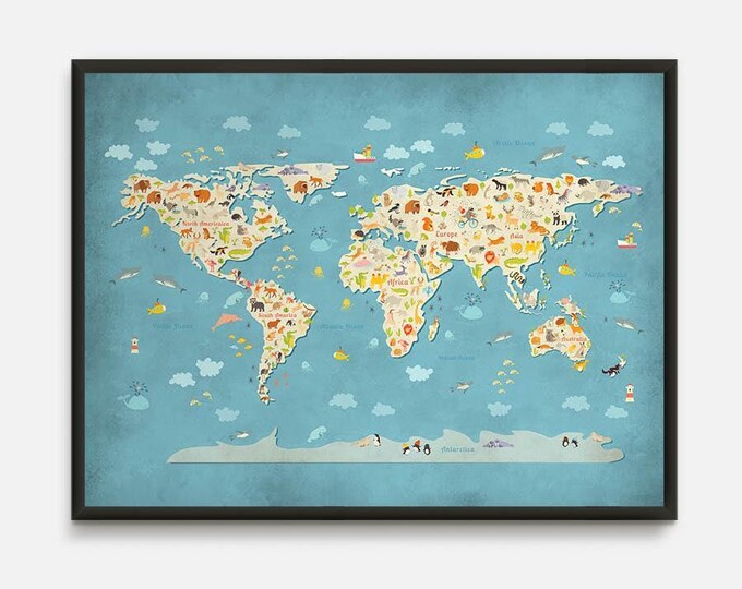 Animal world map, Animal map,  World map Nursery, Kids world map, World map for kids, Large world map, Child world map, Map for children