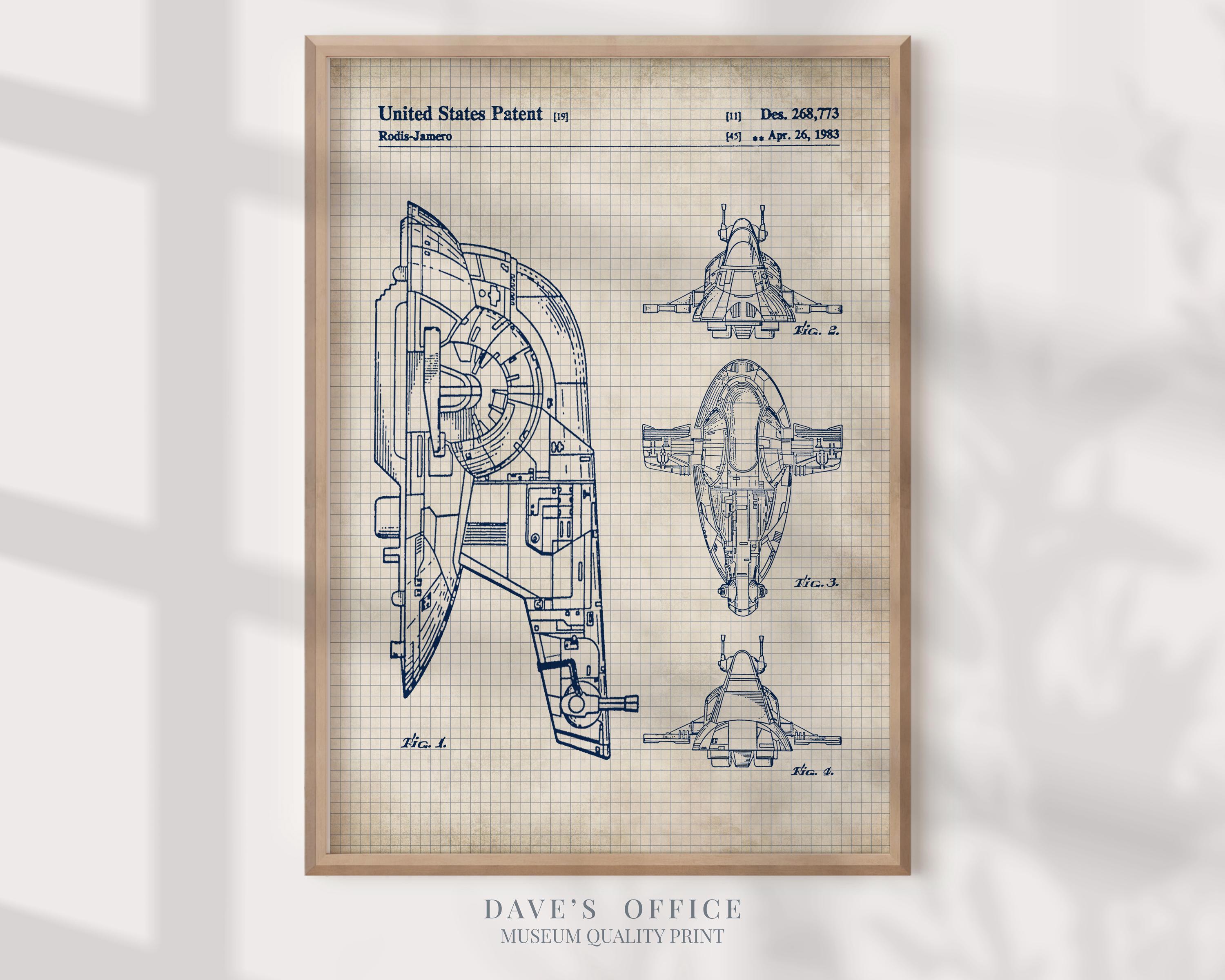 Slave 1 Blueprint Patent Poster, Spacecraft Print - Sci Fi Wall