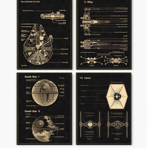 StarWars Blueprint Art Prints, Set of 4, Millennium Falcon, Death Star