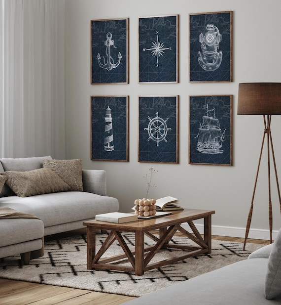 Nautical Art Prints Set of 6 - Blue Boat and Coastal Wall Decor