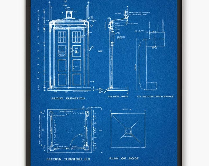 TARDIS poster blueprint print, tme machine Inspired by the Iconic Time Travel Box - patent style print ideal for Whovian