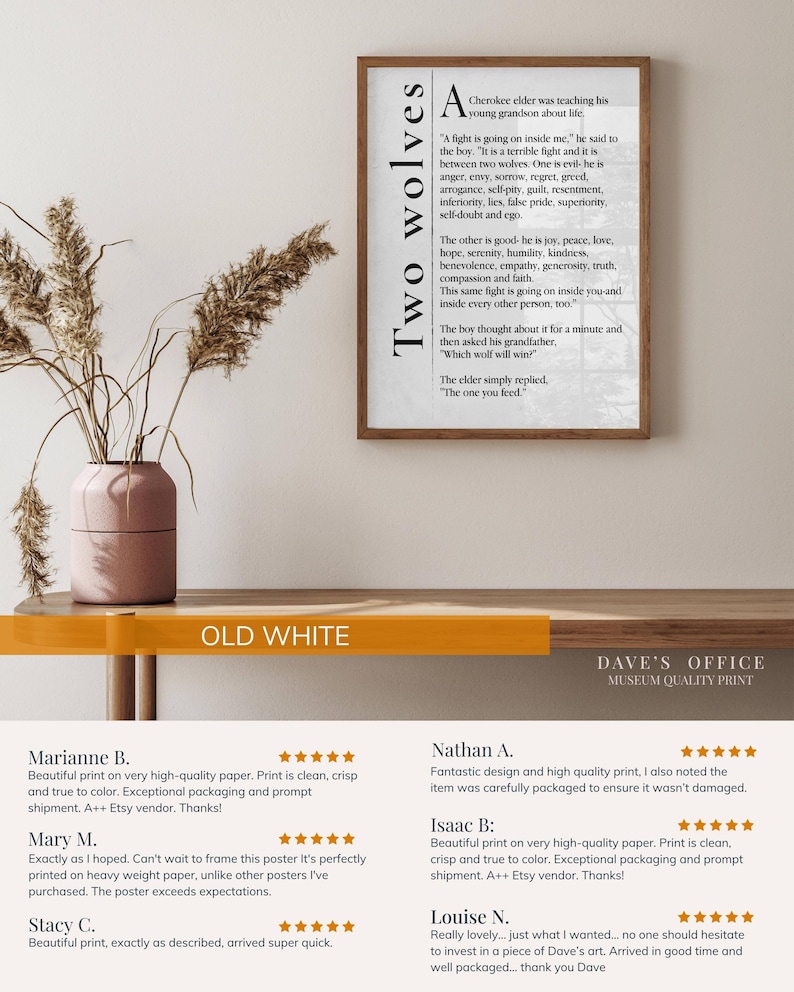 The image is a framed poster with text and a plant in a vase, hanging on a wall.