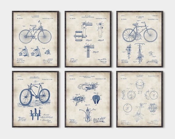 Bike Blueprint Set, Vintage Bicycle Patent Prints | Archival Ink Paper | Six Restored Diagrams, Cyclist Gift