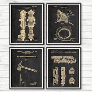 Conjunto de 4 pósteres de bombero patentados, hidrante, casco de bombero, hacha de bombero, regalo de bombero, arte mural de bombero n.° P233