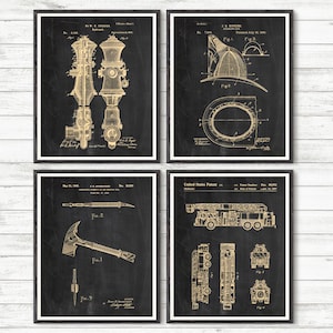 PATENT FIREFIGHTER Set of 4, Posters , Fire Hydrant, Fireman Helmet, Firefighter Axe, Fireman Gift, Firefighter Wall Art #P233