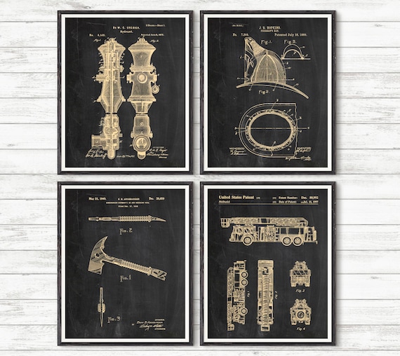 Firefighter Patent Art Prints: Fireman Gift, Set of 4