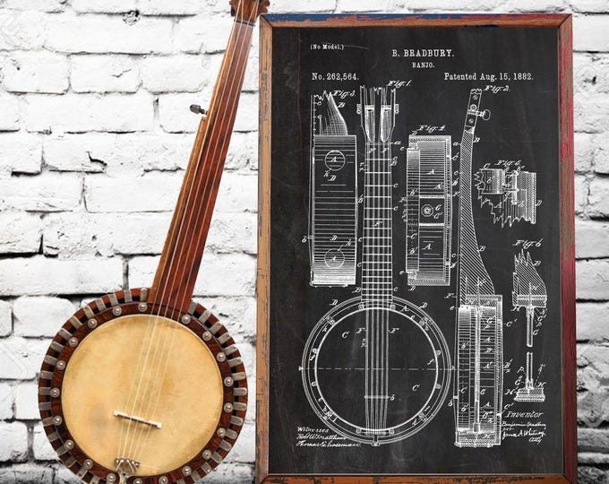 PATENT 1802 Banjo BRADBURY Poster, Banjo Poster, Banjo Prints,Banjo Prints, Folk Music, Musician Gift, Bluegrass, Music Room Wall Decor #P25