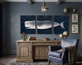 Sperm  Whale Triptych Wall Art Print, Nautical coastal Poster, 3 Piece ocean animal