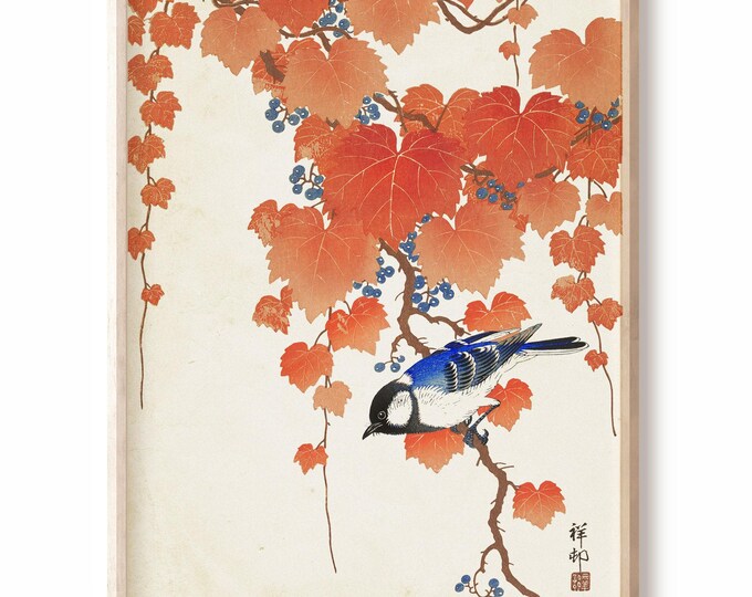 Vintage bird art print, painting autumn season - Japanese wall art ukiyo-e woodblock print - Great tit on paulownia branch by Ohara Koson