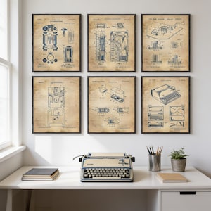 Vintage Computer wall art, Set of 6 prints Patent,  Office Decor Technical Drawing