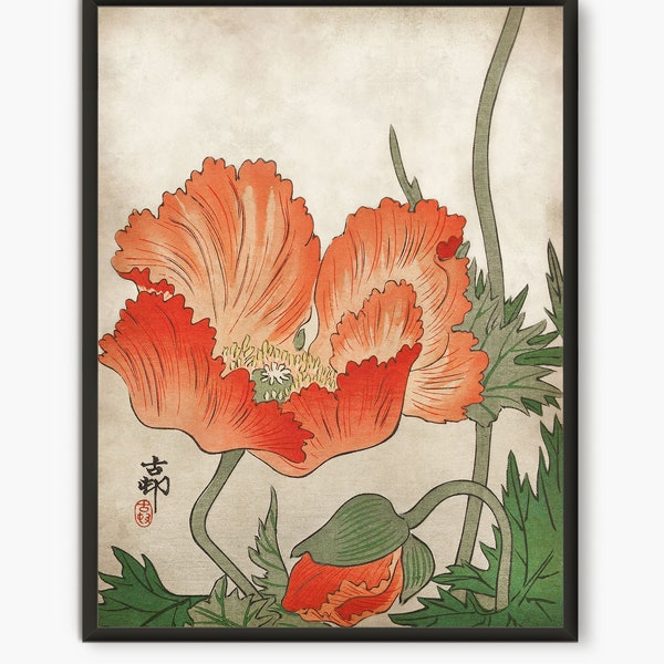 ukiyo-e Japanese botanical art orange painting, Japan art zen wall art flower decor, Japanese print antique art poster garden decoration