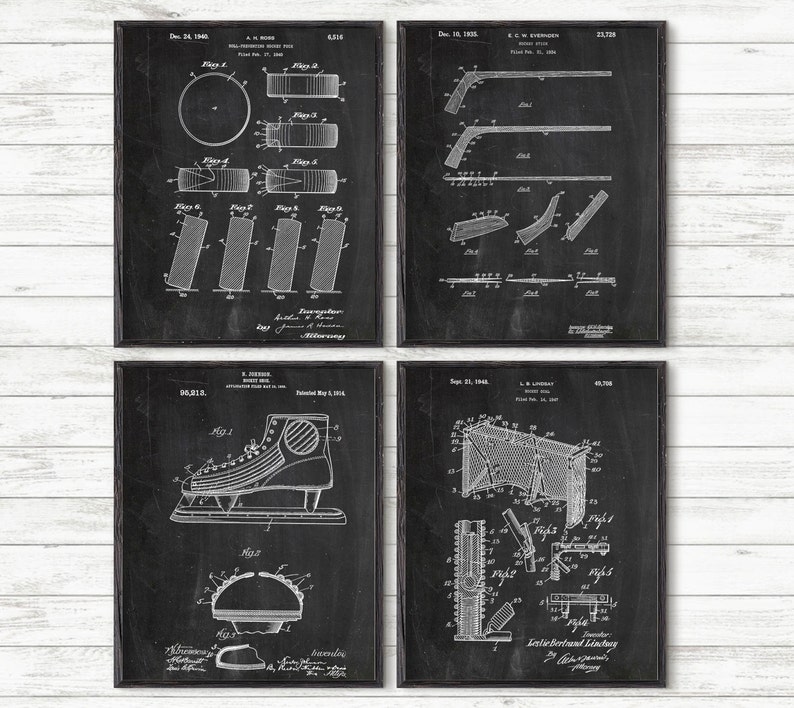 Ice Hockey Patent Print Set Of 4, Sport Poster,NHL Ice Hockey Stick Design,Hockey Patent, Ice Hockey Rink, Puck, Dorm Room Decor P341 image 1