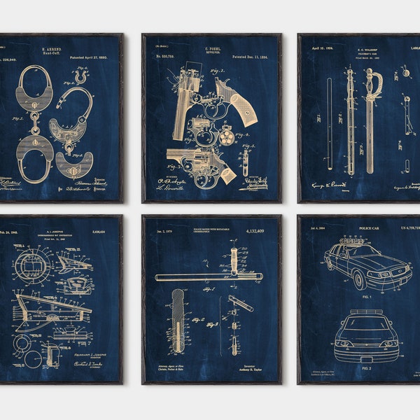 Police gift, Set of 6 prints, police officer gifts, gift for police, policeman gift, pistol patent Wall art poster Police academy decor P306