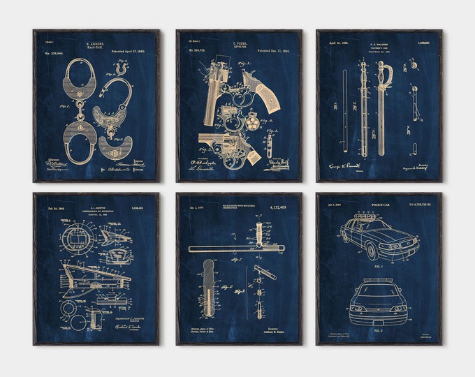 Police gift, Set of 6 prints, police officer gifts, gift for police, policeman gift, pistol patent Wall art poster Police academy decor P306