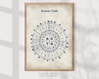 May include: A framed print titled "Genetic Code" features a detailed diagram in navy blue on a grid background. The circular design displays genetic information with text labels. The print is in a wooden frame, with the text "DAVE'S OFFICE MUSEUM QUALITY PRINT" at the bottom.