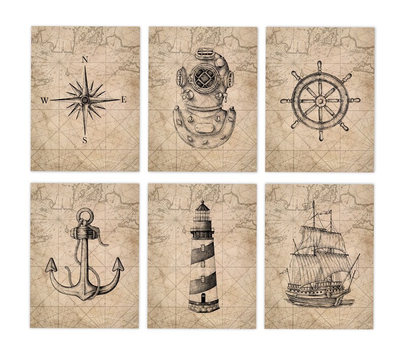 May include: Set of six nautical-themed prints featuring a compass rose, diving helmet, ship's wheel, anchor, lighthouse, and sailboat. Each print is a black and white illustration on a vintage map background, creating a classic maritime aesthetic.