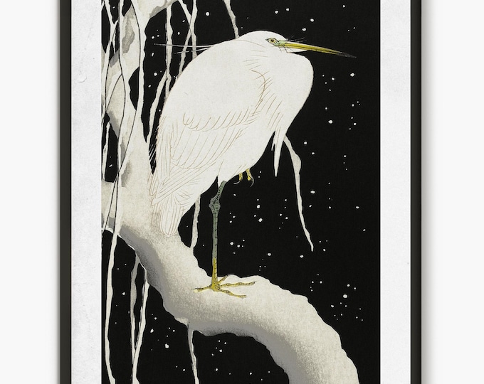 vintage bird painting Japanese art, Egret Japan art, Japanese woodblock glicee art print