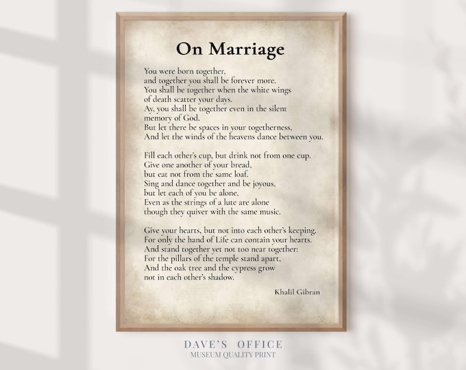 Marriage Quote Print Kahlil Gibran Inspirational Typography Art Wall Decor for Wedding Gift and Relationship Motivation