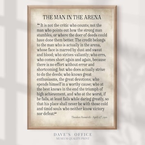 Man in the Arena wall art - Motivational Quote Poster - Theodore Roosevelt Inspirational Print
