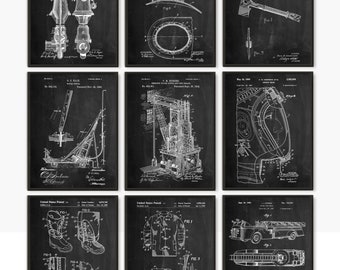 Firefighter patent,set of 9, art gift,fireman gift, firefighter helmet,firefighter gift,fire hydrant patent,fireman gift, husband gift #P350