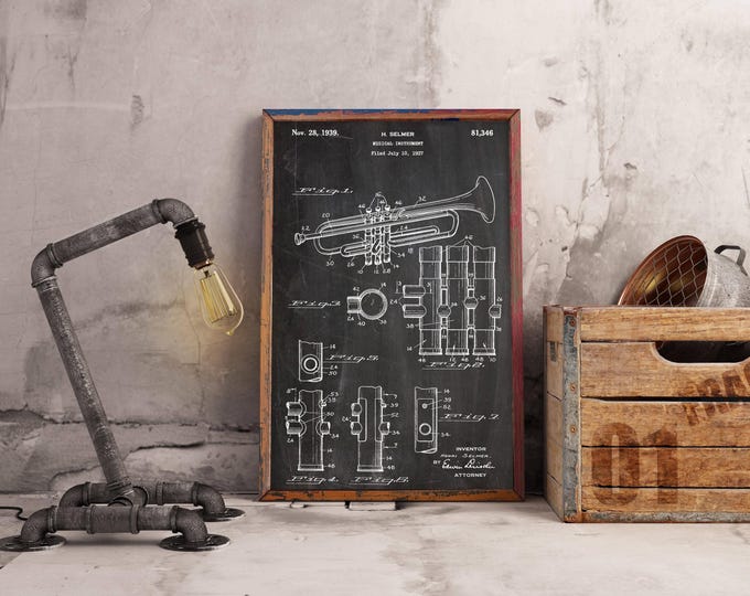 Trumpet Patent Art Print: Vintage Blueprint Poster, Music Room Decor