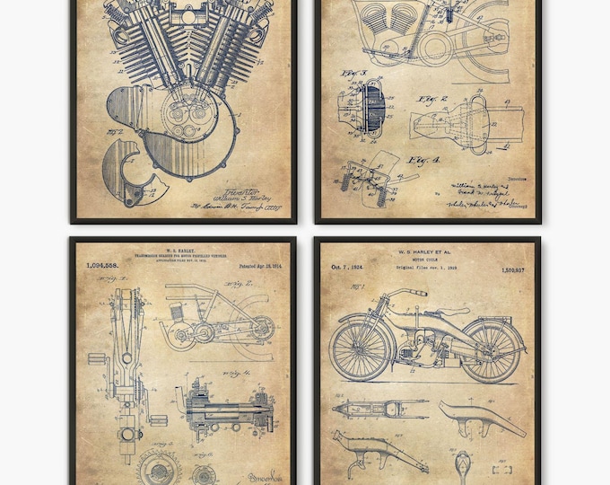 Harley Davidson Patent Print Set: Garage Decor, Man Cave Art