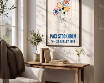 Picasso Exhibition Reproduction Poster, Paix Stockholm 1958, Mid Century Modern