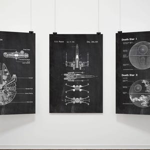 May include: Three Star Wars blueprint posters hanging on a white wall. The posters feature detailed schematics of the Millennium Falcon, an X-wing fighter, and the Death Star. Each poster is printed in white on a dark background.