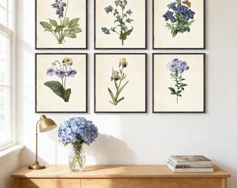 Set of 6 Antique Botanical Prints: Blue Flowers, Garden Art