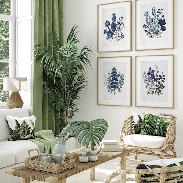 Blue wildflower painting: Vintage Botanical Set of 4 Art Prints