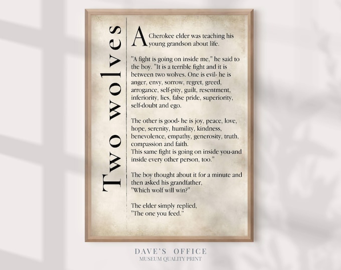 Two Wolves Art Print: Cherokee Story Quote on Book Page