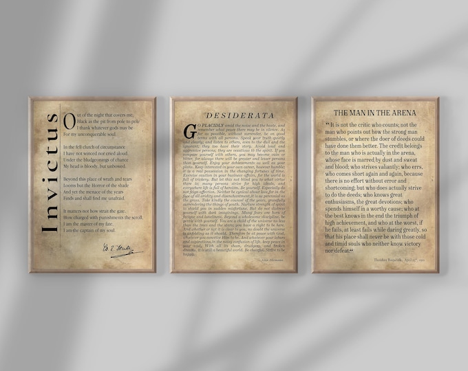 Set of 3 Motivational Poem Prints | Invictus, Desiderata, Rudyard Kipling Inspirational Quotes |Large Prints, Custom Sizes & Colors