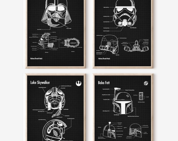 Star Wars Blueprint Art Print Set: Darth Vader, Stormtrooper, Luke, Boba Fett