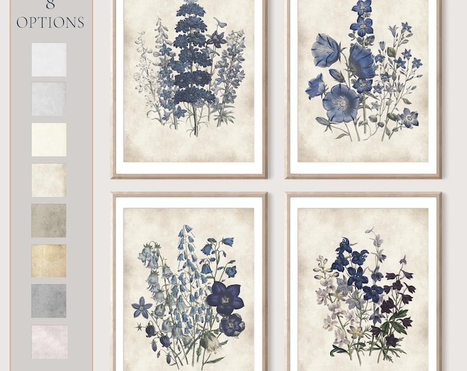 Blue Purple Botanical Print set , Blue Flower painting set of 4 prints, wildflower art , vintage Botanical Art Prints, Kitchen Dining room