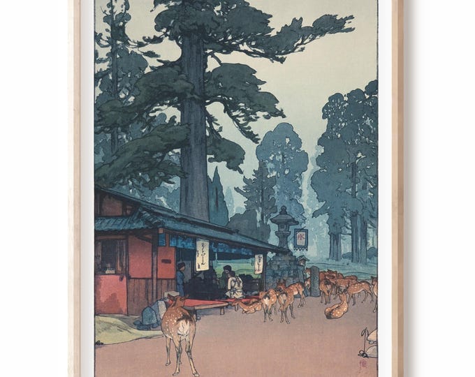 ukiyo-e Japanese wall art - Way to the Kasuga Shrine by Hiroshi Yoshida - Nara park deer woodblock Print