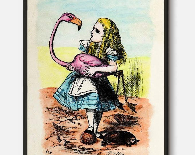 Alice in wonderland print, Alice Wonderland decor, Alice and flamingo print, Alice in wonderland art, Flamingo wall art, Alice with flamingo