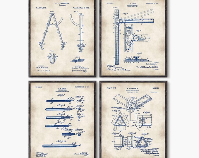 Architectural prints Set of 4 prints Architectural drawings, Ruler Compass Pencil holder Gift for architect Architect scale #P108