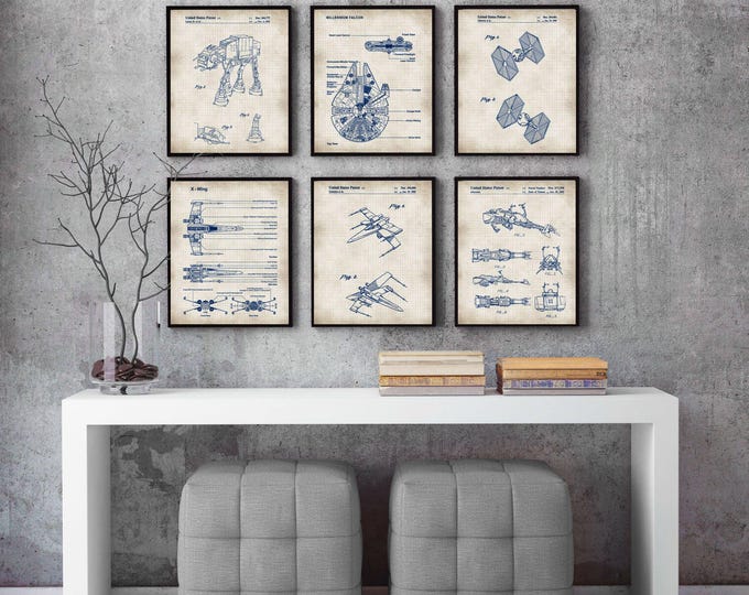 Set of 6,Speedster Bike,Room Decor,Boy Room,At Walker,Space print, Millennium Falcon, Poster,Patent Print, Gift, Chalkboard #79