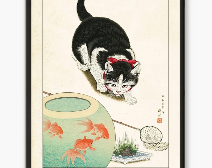Ohara koson's Cat and goldfish bowl, Japanese cat art, woodblock Japanese decor