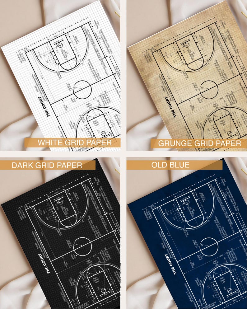 Op de afbeelding: Vier basketbalveld diagrammen op verschillend gekleurd papier: wit raster, grunge raster, donker raster en oud blauw. Elk diagram is gelabeld met "THE COURT" en bevat gedetailleerde veldmarkeringen. De papieren zijn gelabeld met hun respectievelijke kleuren.