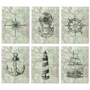 Nautical Art Prints Set of 6 - Blue Boat and Coastal Wall Decor old nautical chart