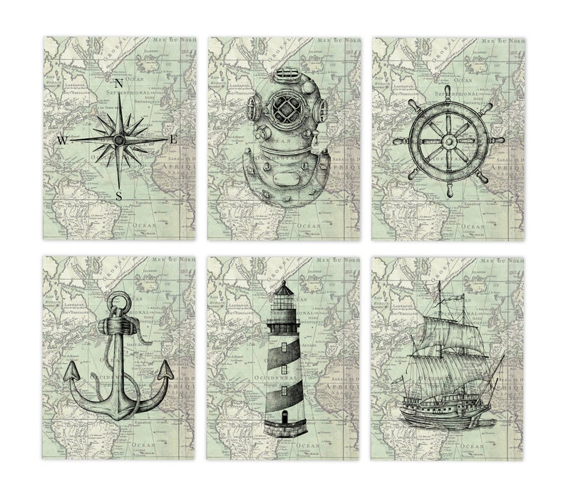 Nautical Art Prints Set of 6 - Blue Boat and Coastal Wall Decor old nautical chart