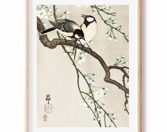 Japanese Art ukiyo-e Bird art Print, Tits on Cherry Branch by Ohara Koson cherry blossom decor - sakura flower wall art