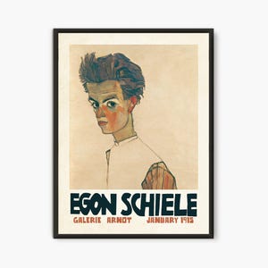 Egon Schiele posters, Egon Schiele drawing exhibition poster Self Portrait With Striped Shirt, Schiele museum print, art nouveau poster