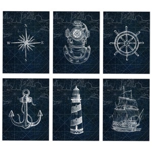 Nautical print set, boat decor, Nautical Decor, Blue boat art, Seamen gift, Beach house wall art, Nautical map print, Old illustration print