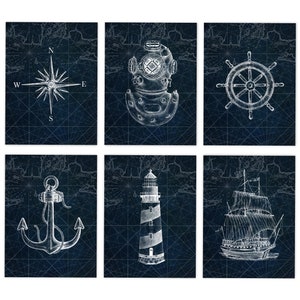 Set di stampe nautiche, decorazioni per barche, decorazioni nautiche, arte di barche blu, regalo per marinai, arte murale di case sulla spiaggia, stampa di mappe nautiche, stampa di illustrazioni antiche