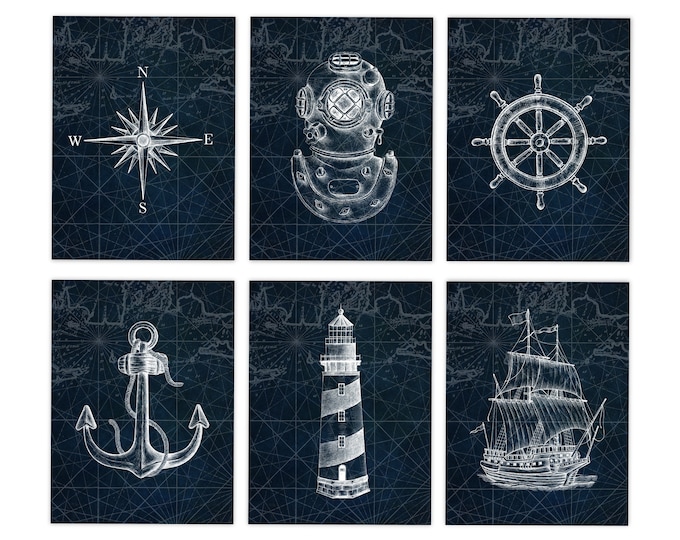 Nautical print set, boat decor, Nautical Decor, Blue boat art, Seamen gift, Beach house wall art, Nautical map print, Old illustration print