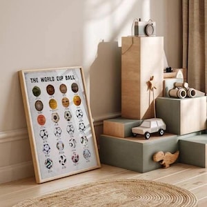 May include: A framed poster titled THE WORLD CUP BALL featuring a grid of various soccer ball illustrations in different colors and patterns, displayed in a light wood frame next to stacked wooden blocks and a small toy car.
